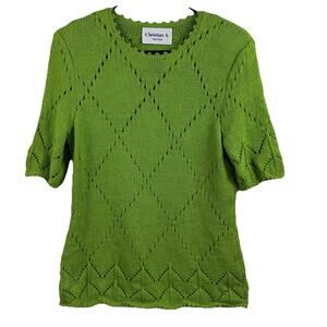 Vintage 100% Wool Christian A. New York Green Sweater Retro Short Sleeve S/M